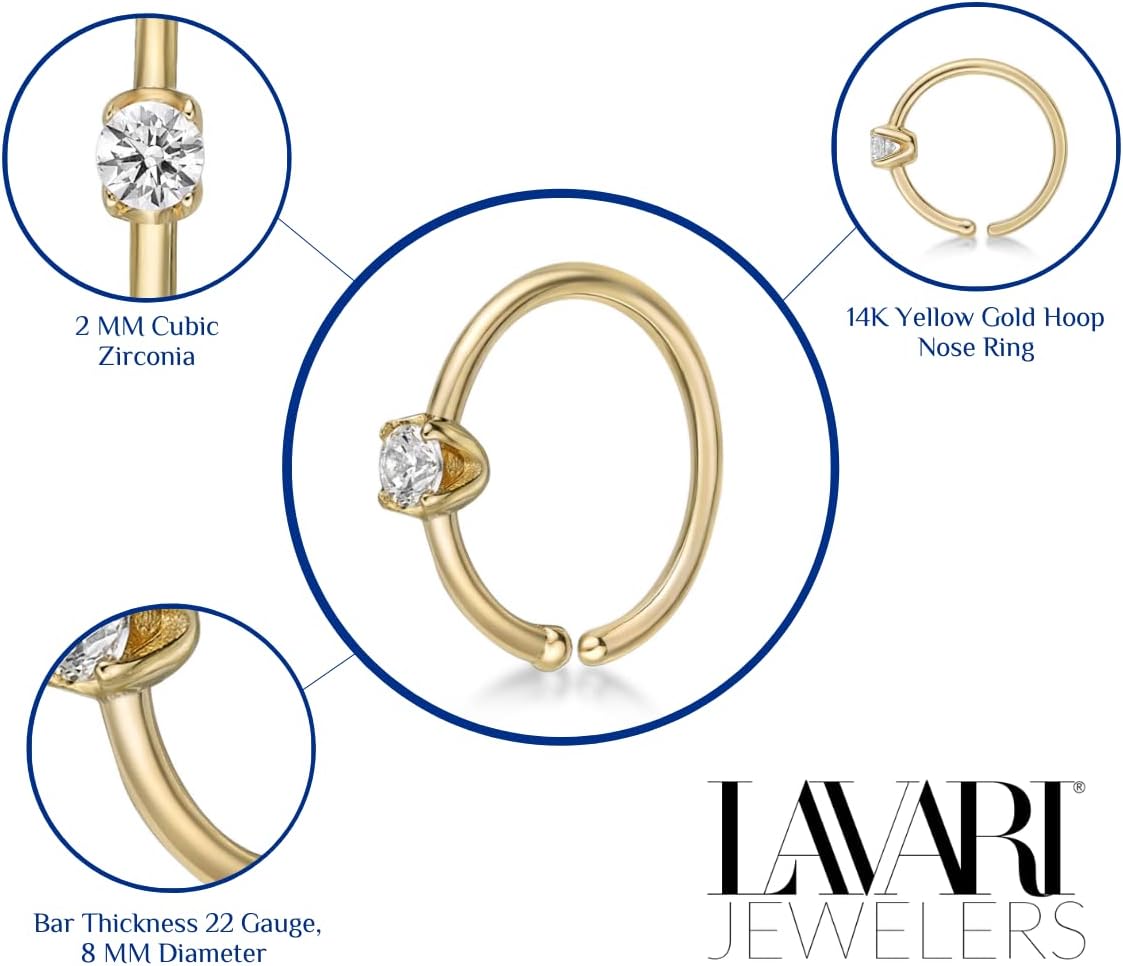 Lavari Jewelers 22 Gauge Open Hoop Nose Ring for Women - 14k White or Yellow Gold 2mm Cubic Zirconia Nose Ring - 5/16 Inches Unisex Hypoallergenic Nostril Piercing Jewelry - 22G Body Piercing for Men