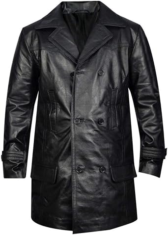 German Classic Officer WWII Military Uniform Black Leather Trench Coat, XXS-3XL