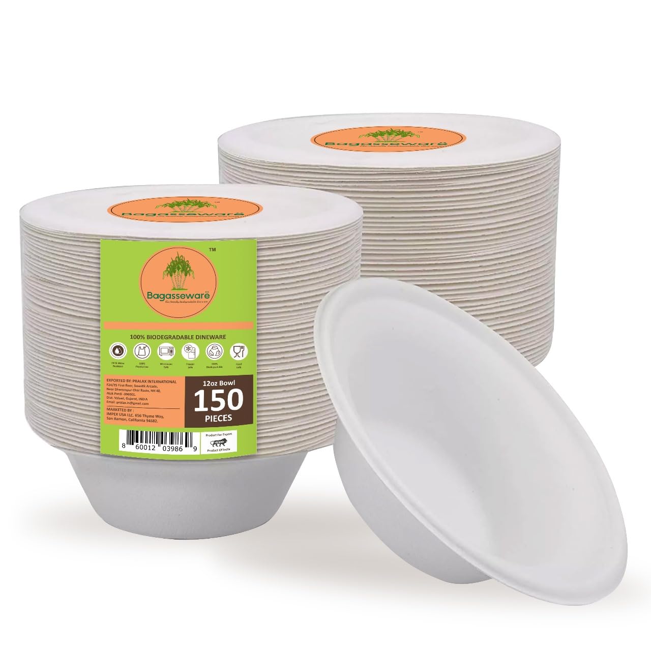 Compostable 12 oz Bowls - 150 Count | Heavy-Duty 3X Stronger Disposable Bowls | Biodegradable, Soak-Proof, Microwave & Freezer Safe | Eco-Friendly Tableware