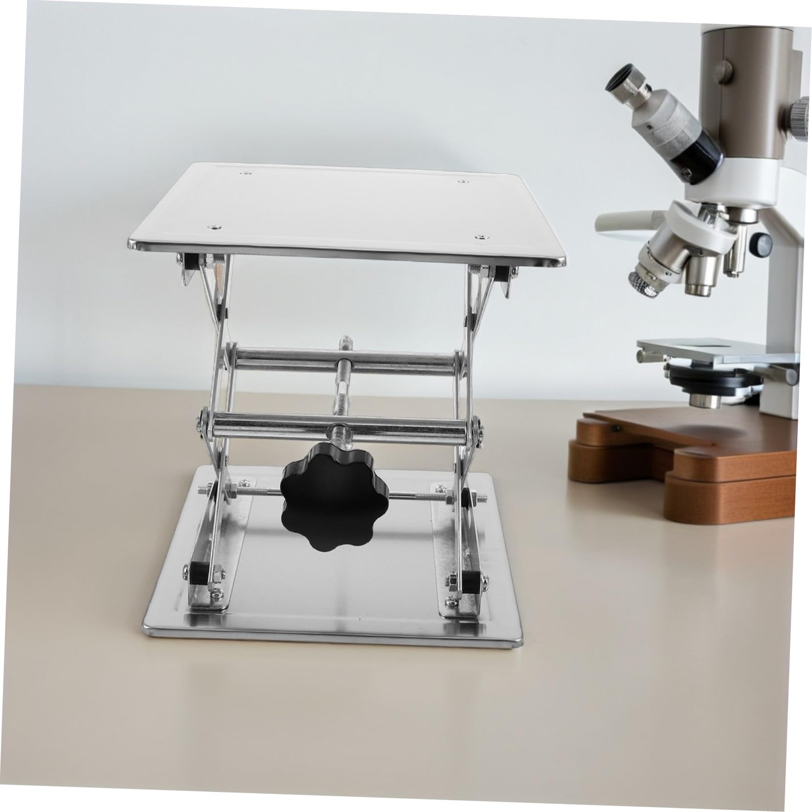 KOMBIUDA Plataforma Elevadora de Laboratorio Ajustable Gato de Mesa de Acero Inoxidable 200x200mm Soporte Manual para Experimentos Científicos