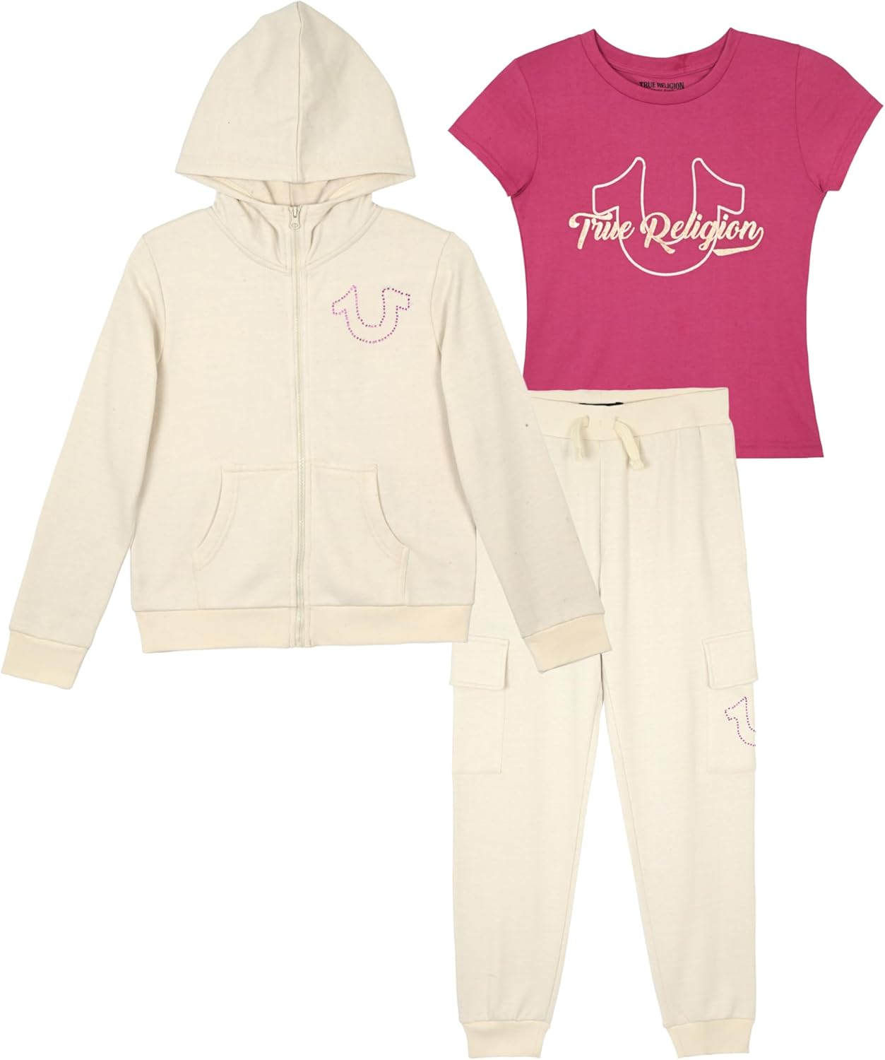 True Religion Girls 3 Piece Fleece Set – Hoodie, Tee Shirt & Jogger/Legging Outfit, Rhinestud & Foil Details (Sizes 4-14)
