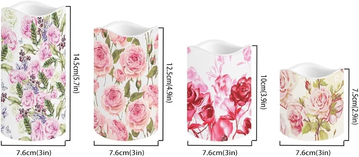 Ystardream Peony Flameless Candles Battery Operated Candles Set of 4 with 18-Key Multicolor Remote Control Timer Dancing Flame Pillar Candles for Gifts