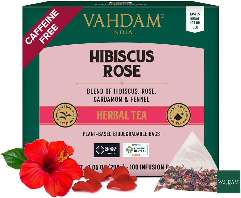 VAHDAM, Hibiscus Rose Tea Bags - 100% Whole Hibiscus Flowers Herbal Tea Bags (100 Count) With Rose, Chamomile & Exotic Spices | Caffeine Free, Floral Flavor Tisane | Resealable Ziplock Pouch