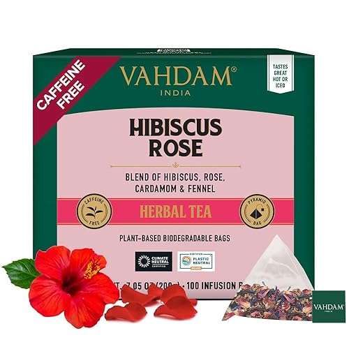 VAHDAM - Té de hierbas con flores de hibisco (100 bolsitas), sin cafeína, sin OMG, sin gluten. Infusión con sabor floral. Pétalos de rosa de hibisco