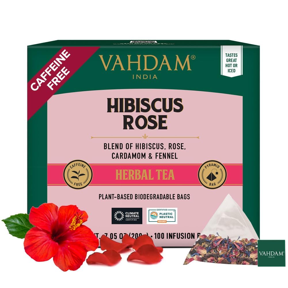 VAHDAMHibiscus Rose Tea Bags - 100% Whole Hibiscus Flowers Herbal Tea Bags (100 Count) With Rose, Chamomile & Exotic Spices | Caffeine Free, Floral Flavor Tisane | Resealable Ziplock Pouch