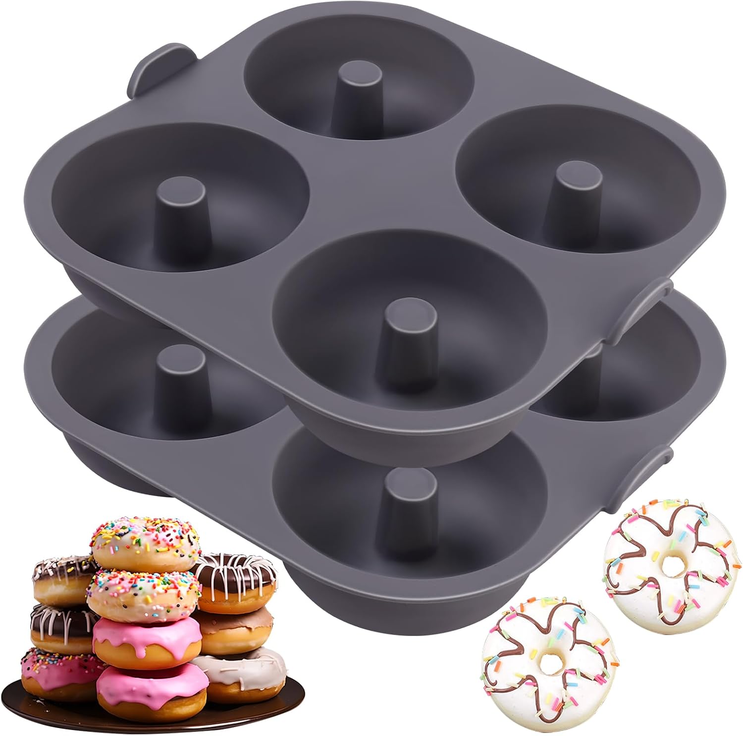 Silicone Doughnut Molds for Air Fryer, Set of 2, 8-Cavity Non-Stick Donut Pans with Carrying Handle, Doughnut Bagel Baking Tin for Muffins Cake, Dishwasher Safe, Grey