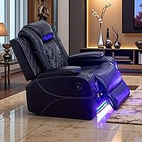 Vista 12 de Juego de Sofá Reclinable Eléctrico, Sofá Seccional de Cuero Negro de 3 Piezas, Juegos de Muebles de Sala de Estar con Luz LED, Juegos Reclinables