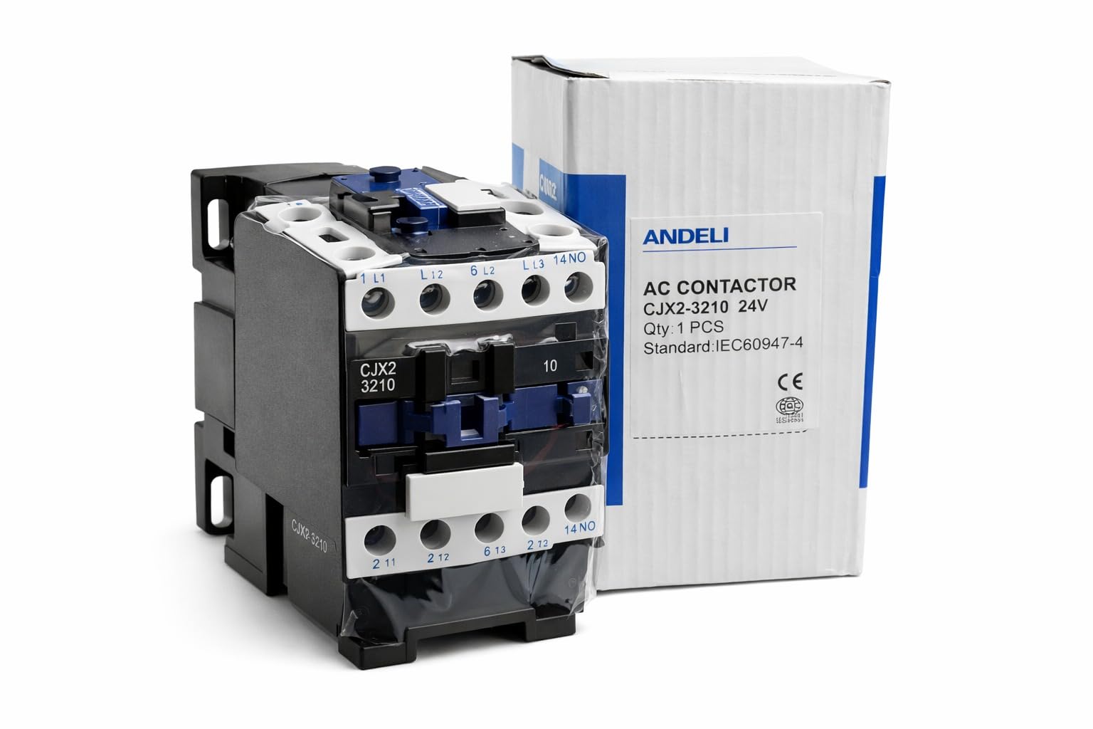 CJX2-3210 AC Contactor ANDELI 32A, 3-Pole, 24V AC-3, Industrial Motor Control Contactor, IEC 60947-4-1 Certified