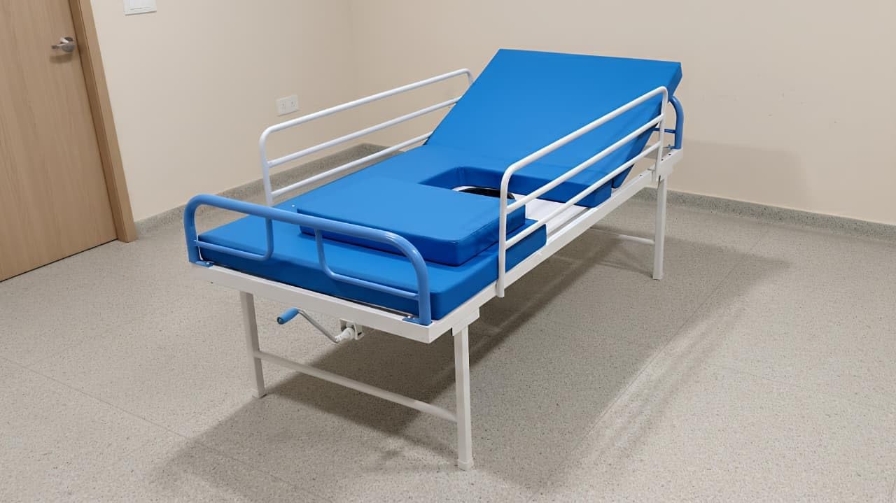 A ONE HOSPICARE- Patient Hospital Bed/Manual Semi Fowler Commode Bed for Home with Side Raillings and Water Proof rexine Cover Mattress