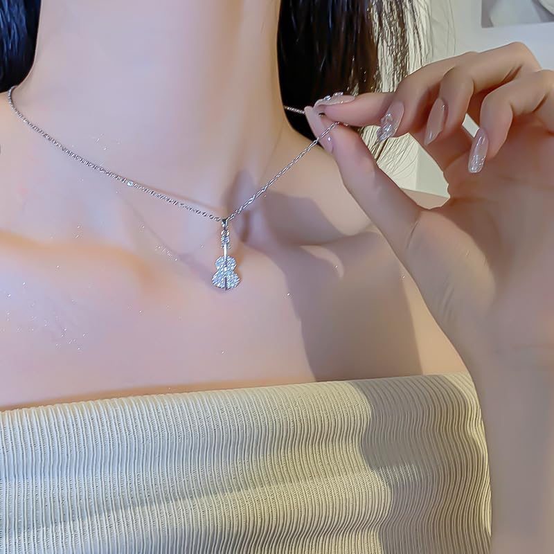 Crystal Violin Pendant Stainless Steel Necklace for Women Men Fashion Cubic Zirconia Instrument Charm Adjustable Link Chain Clavicle Choker Concert Jewelry Gifts for Music Lover Violinist Musician image 4