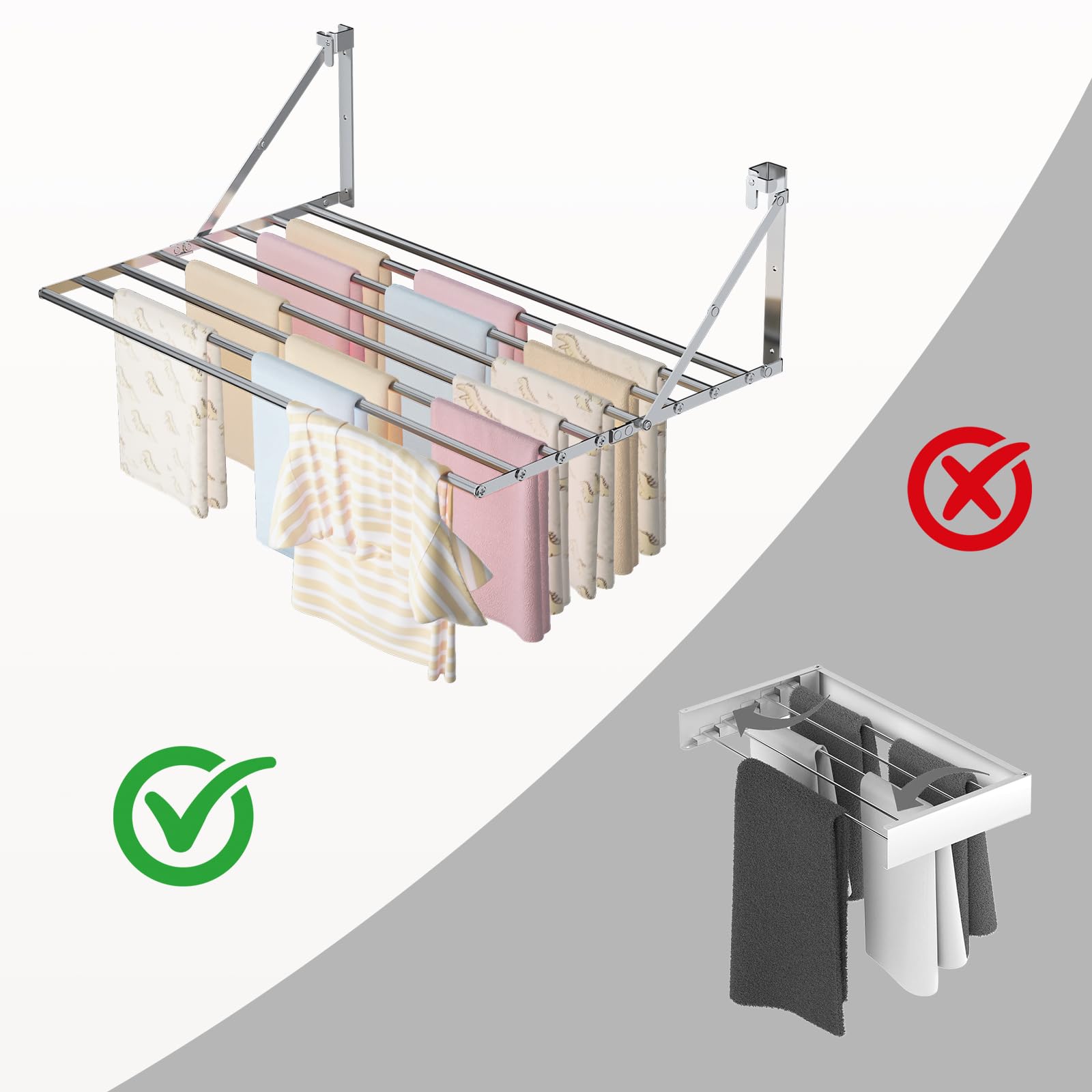 Innotic Séchoir à Linge Mural Pliable de 80 cm - Résistant à la Rouille - avec 8 Barres - Grand Espace - Peu encombrant - pour l'extérieur, la Salle de Bain, Le Balcon, la buanderie - Argenté