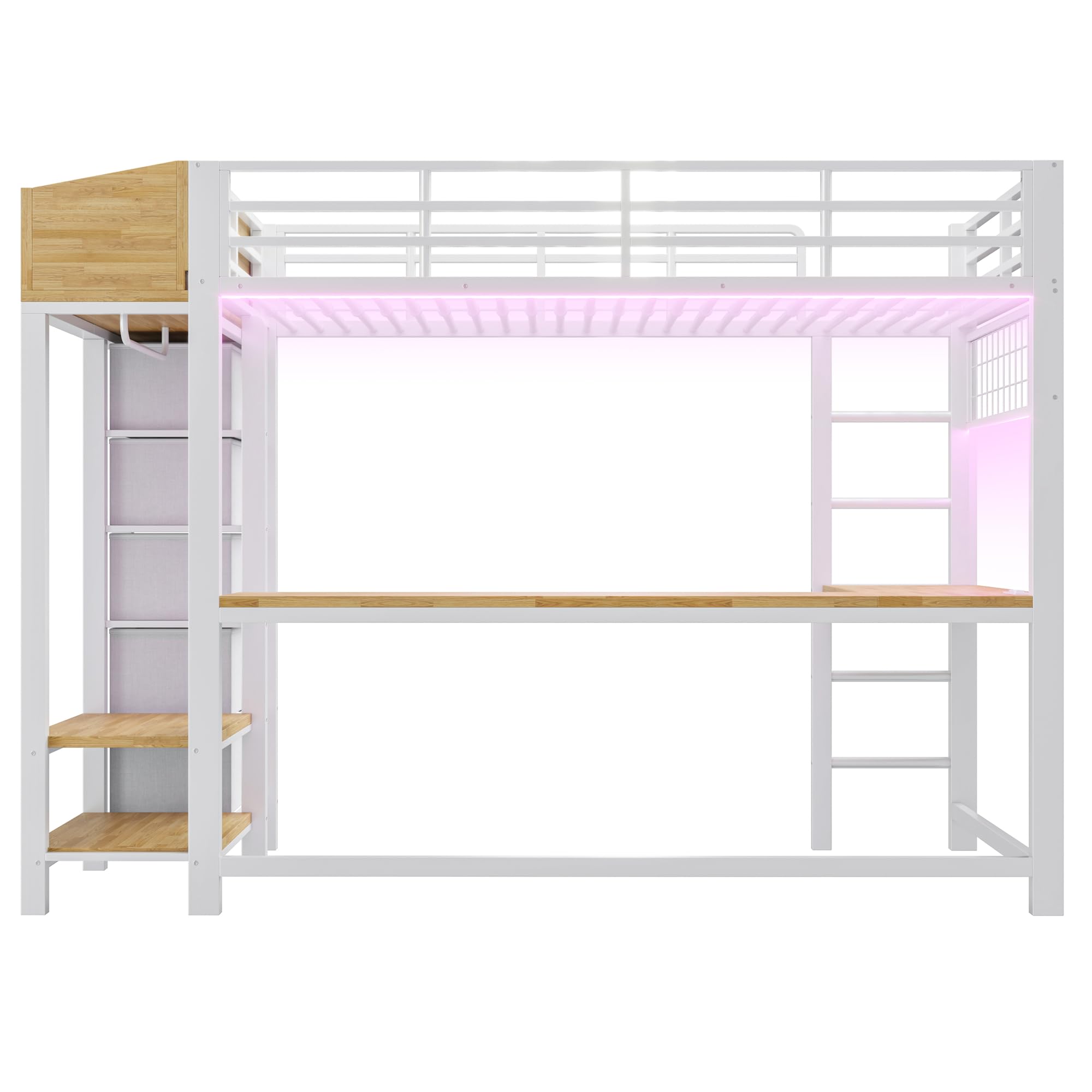 Letto a soppalco in metallo, 90 x 200 cm, scrivania da gioco integrata con prese, 5 cassetti in tessuto, asta appendiabiti, decorazione a griglia, letto da gioco per ragazzi (bianco)