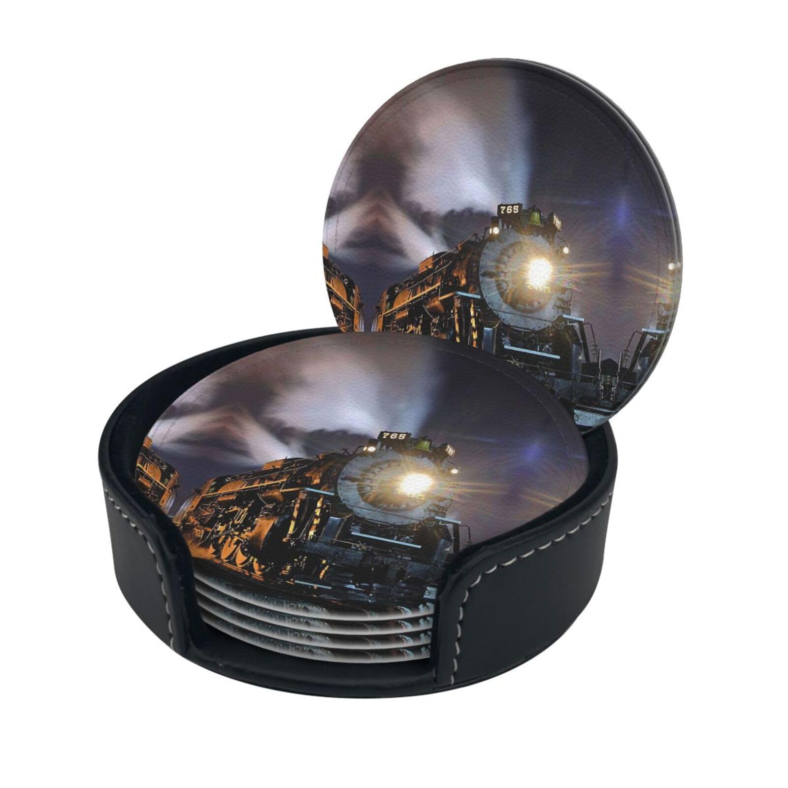 Lklddpzb White Steam Train Print Round Leather Coasters - Set Of 6, Ultra-Fiber Pu Leather