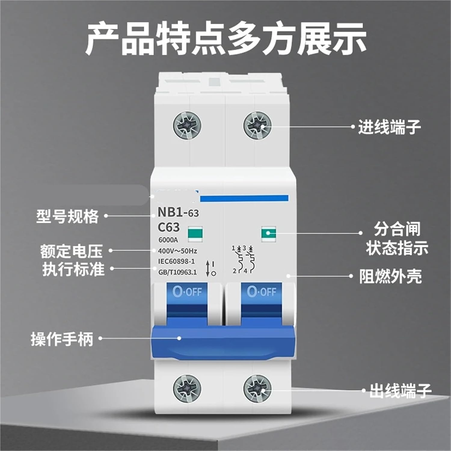 Miniature Circuit Breaker NB1-63 2P C1A 2A 3A 4A 6A AC400V/DC220V Type C 1Pcs(1P,40A)