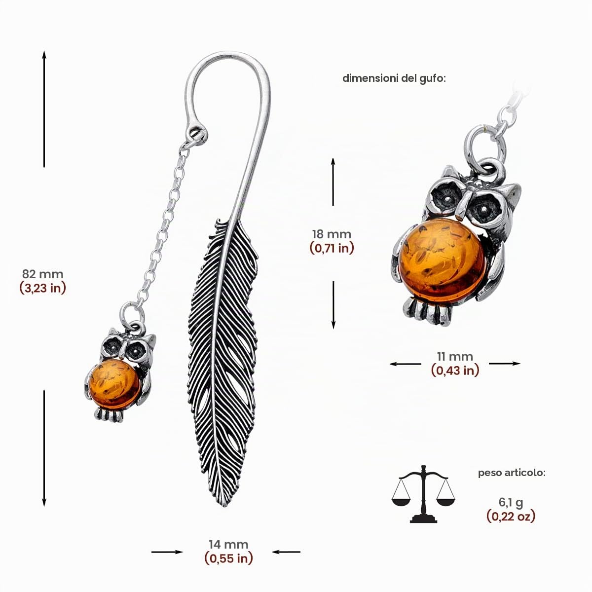 Segnalibro argento 925 ossidato, ambra baltica rotonda in colore cognac, gufo piccolo in argento con ambra L. 8,2 cm