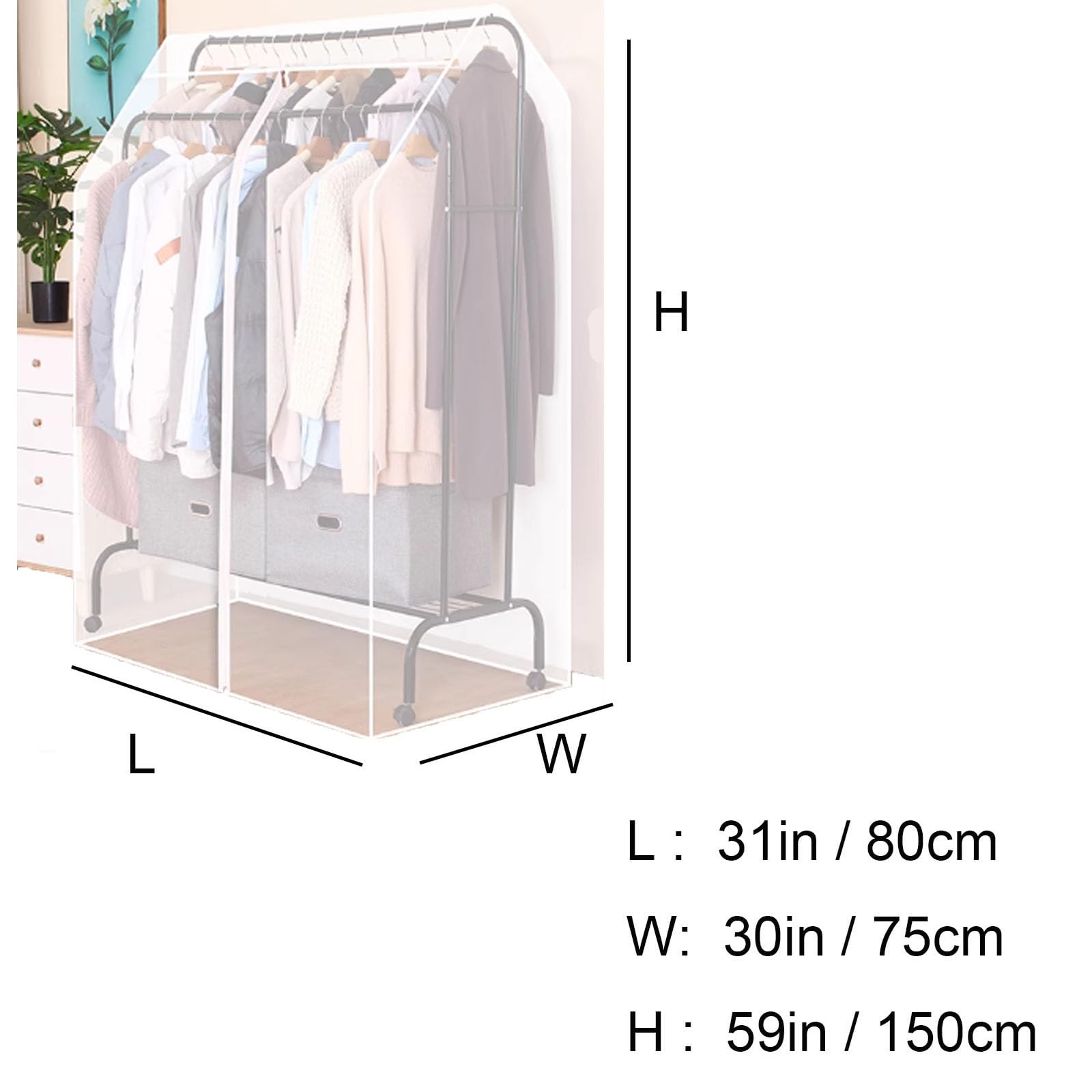 Custodia impermeabile per appendiabiti con cerniera, adatta per grucce doppie alte e basse (bianco, 80 x 75 x 150 cm)