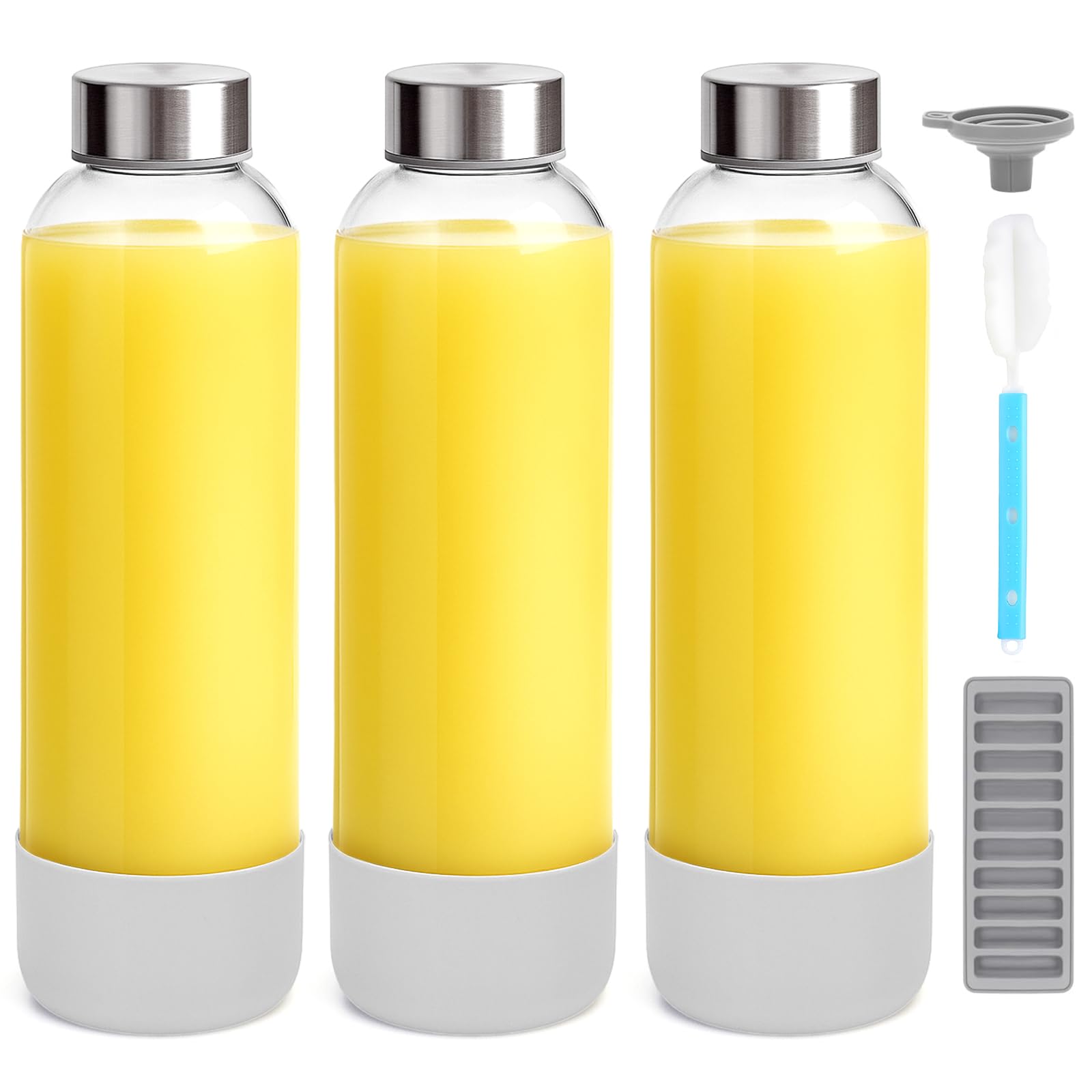 Zukro 32 oz Glass Juice Bottles With Lids, 3 Pack Large Clear Glass Bottle with Airtight Stainless Steel Lids For Juicing, Water, Homemade Drinks, Non-slip Silicone Base, Leak Proof &amp; BPA Free