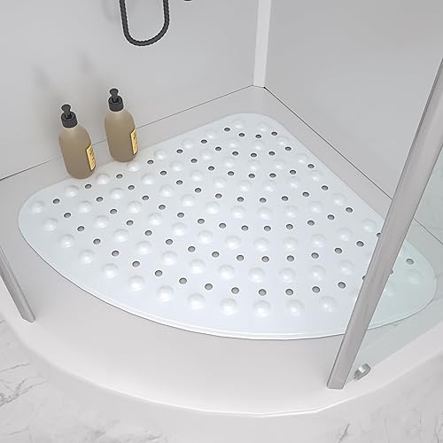 MUNEK Tapete de ducha esquinero antideslizante, 21 x 21 pulgadas, curvado para ducha o bañera, tapete de seguridad con orificio de drenaje, tapete