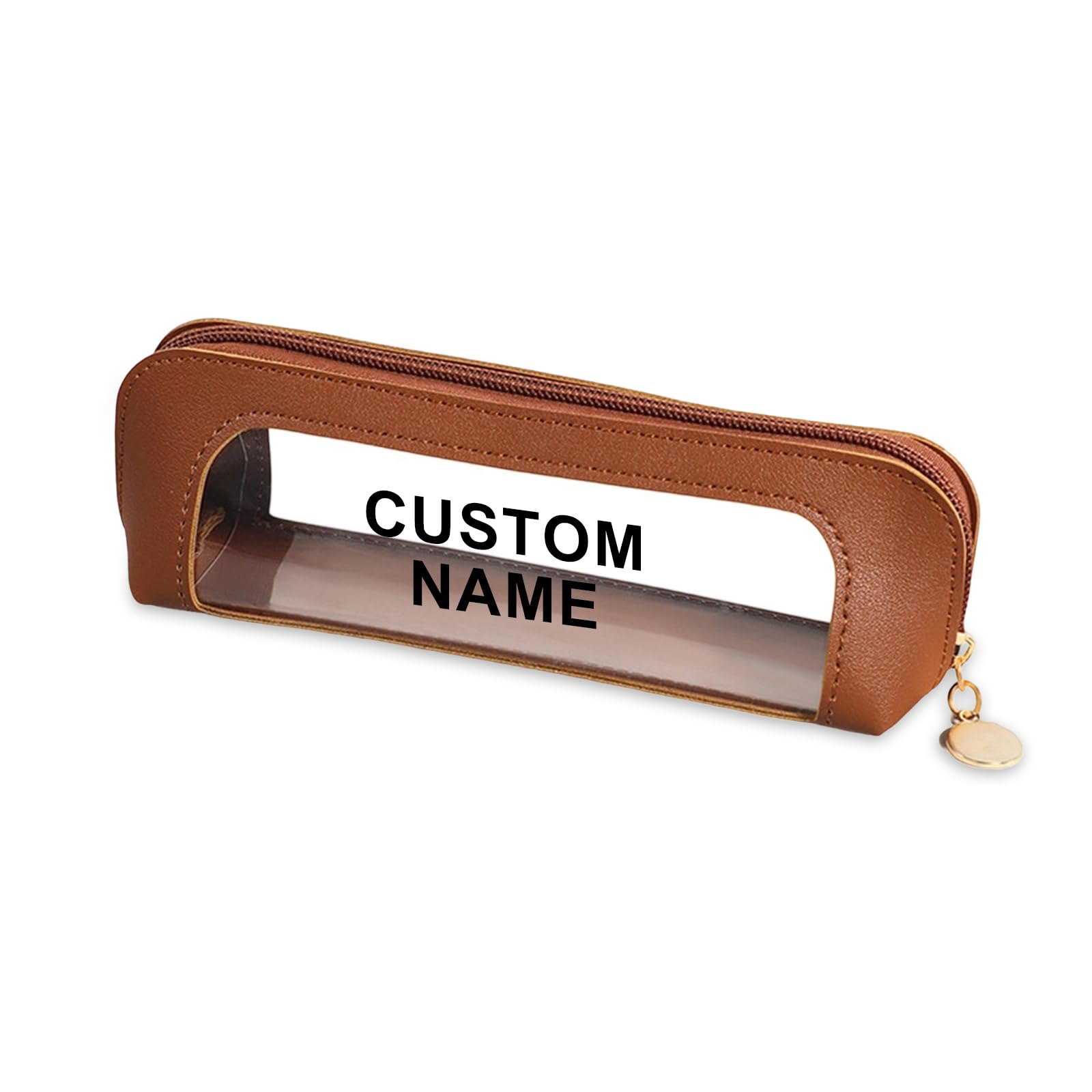 Personalised Clear Pencil Case Slim Custom Name PU Leather Pen Pouch (Light Brown)