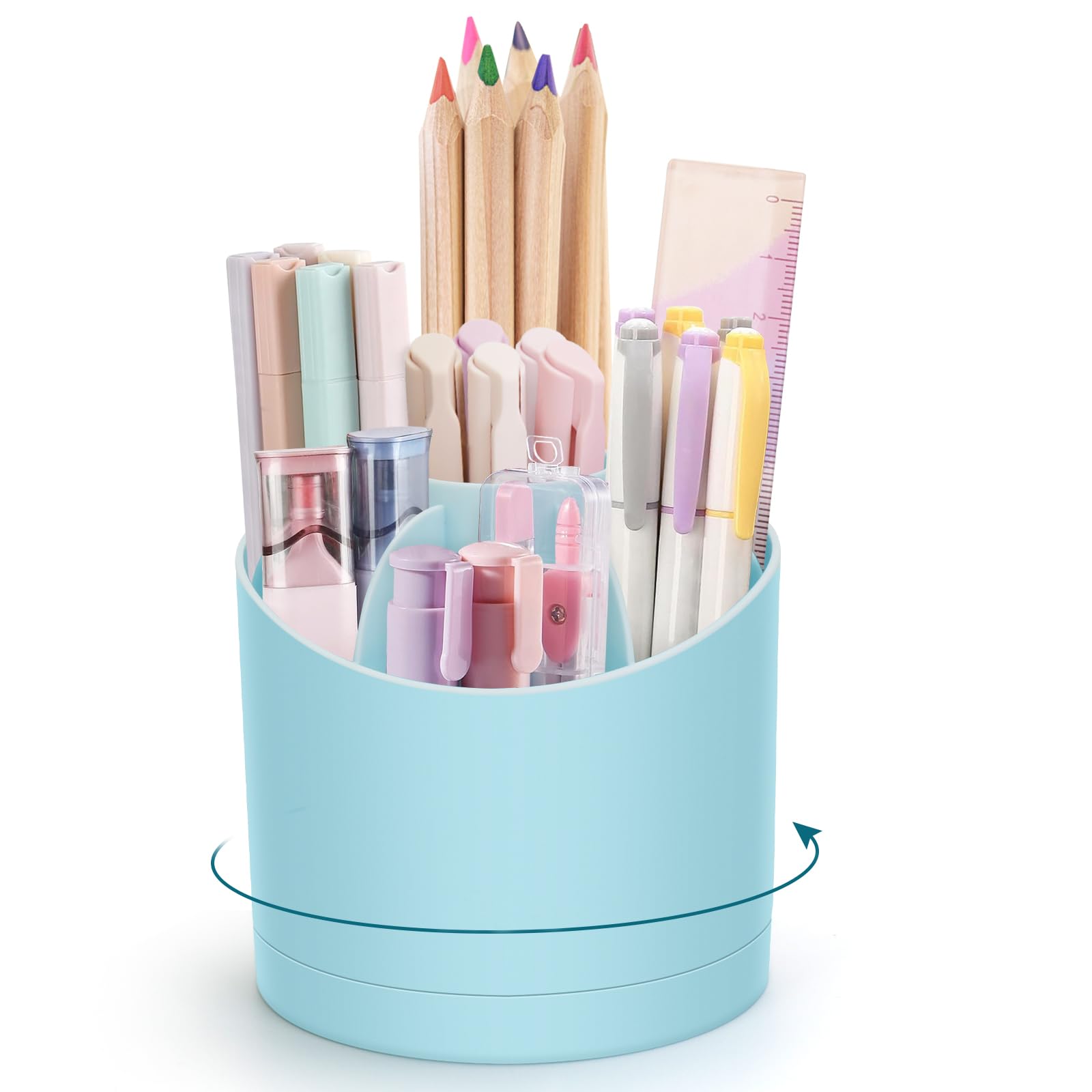 minimaliving Desk Organiser,360 Degree Rotating Pen Holder for Desk,Nordic Style Pencil Pot Cup,Modern Office Desk Accessories with 7 Slots Caddy for Desktop,School,Home,Cosmetics(Blue)