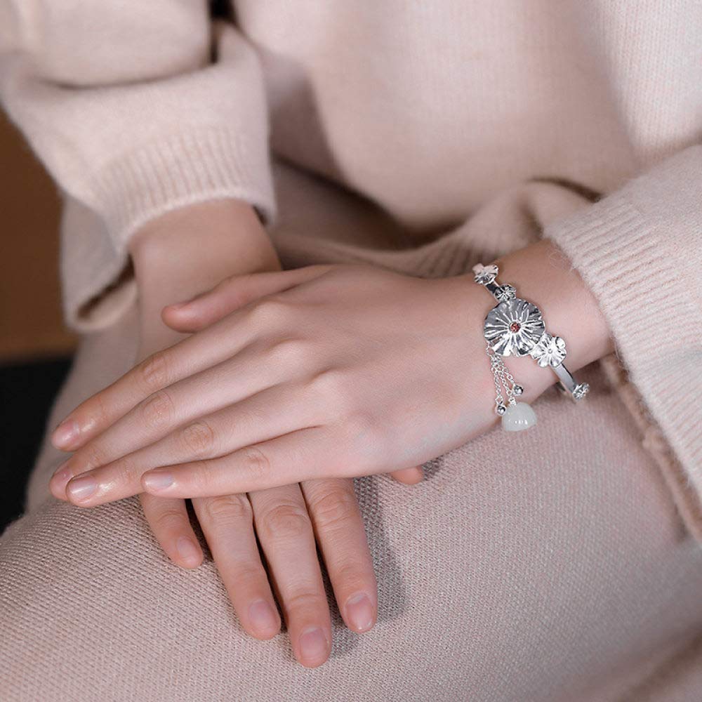 S925 Vintage Pulsera De Plata para Mujeres Hombres Jade Lotus Borla Apertura Simple Y Sencillo Estilo Chino Personalidad Creativa Encanto Hermoso Regalo