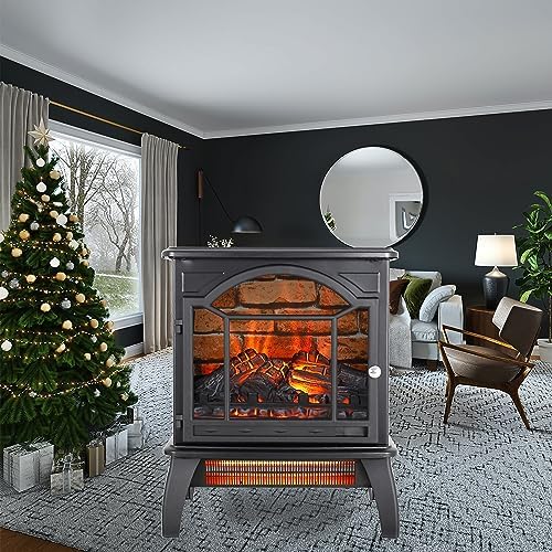 18 Inch Portable Electric Fireplace Stove with 3D Flame Effect, 1500W Infrared Quartz Heater & Remote Control, Overheat Protection, 4 Brightness Settings, for Rooms Up to 400 Sq.Ft.