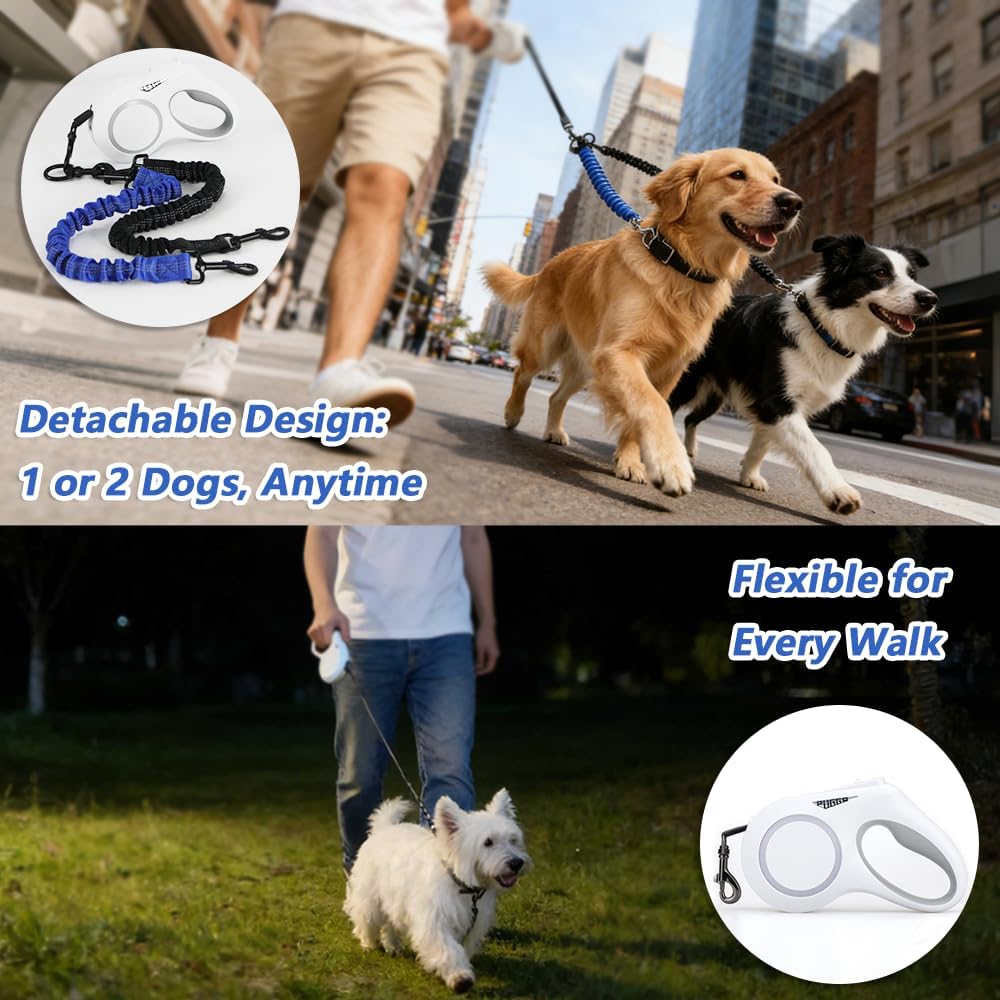 16.4ft Dual Retractable Dog Leash for Small to Large Dogs 25–55 lbs, USB Rechargeable LED Light, 360° Tangle-Free, Detachable Front Lead & Emergency Ready, Reflective Elastic (White)