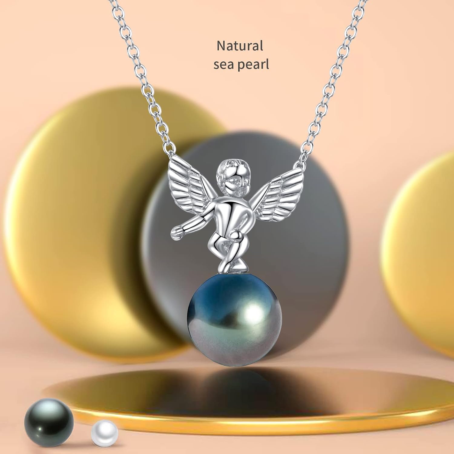 NONNYL Black Pearl Necklaces for Women With Genuine AAAA Quality Real Tahitian Cultured Pearl Pendant With Angels Design | 18K Gold Plated 925 Sterling Silver Necklace