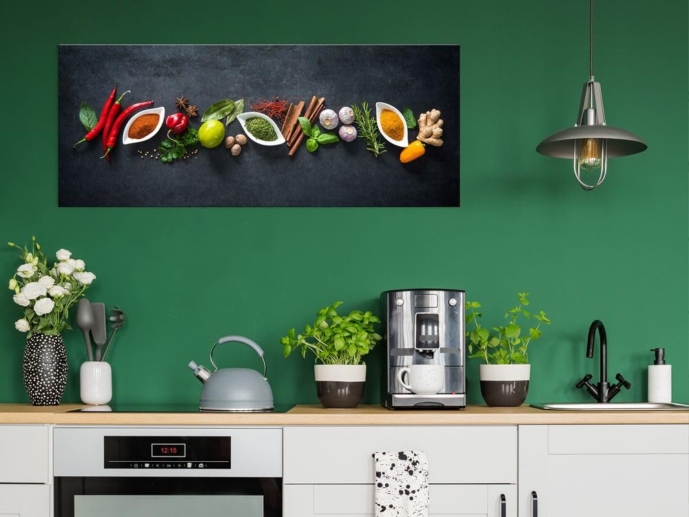artissimo Bild Küche groß 125x50 cm frische Gewürze Kräuter AG5417A – modernes Glasbild, Küchenbild aus Glas, Wandbild XXL Querformat, Küchendeko dunkel elegant modern