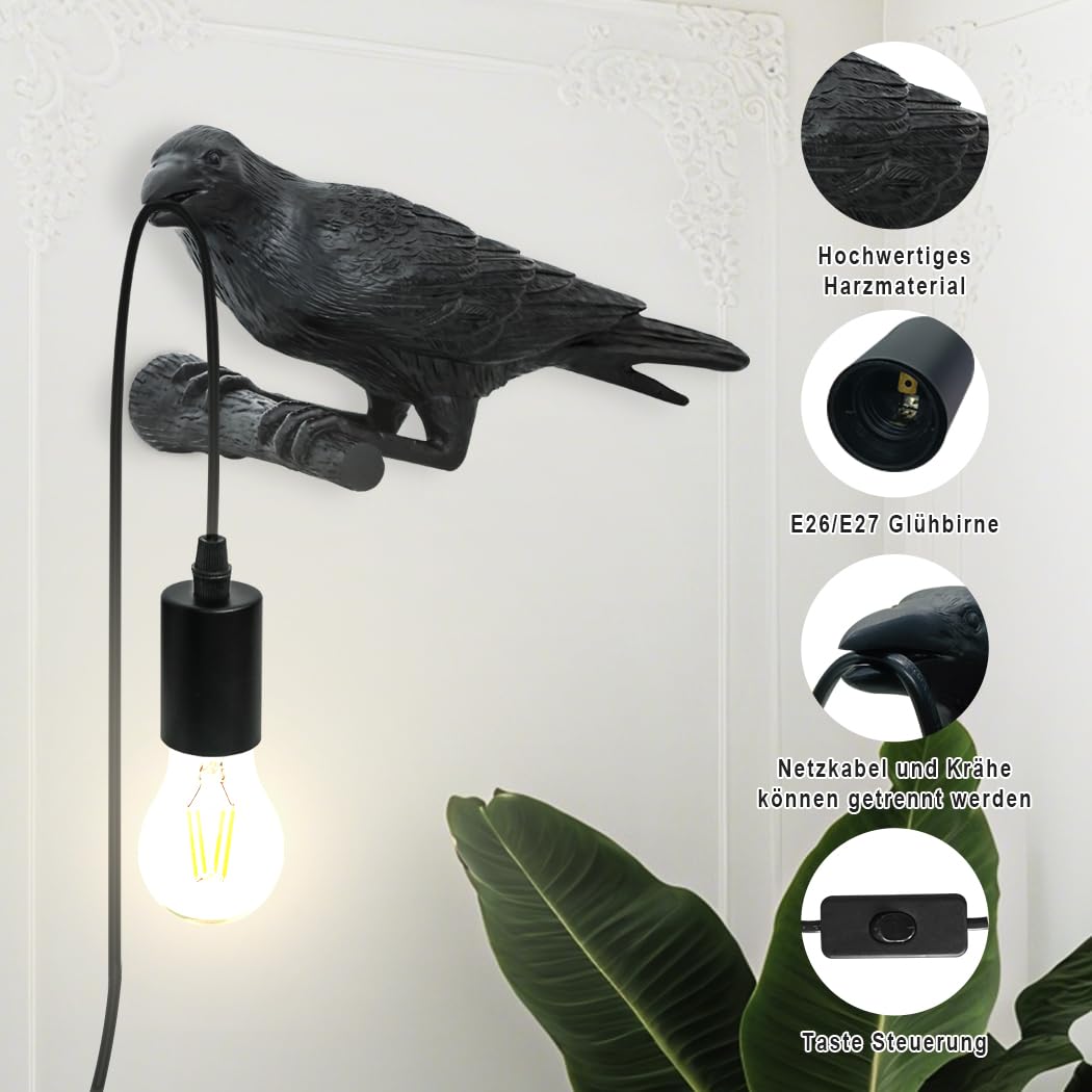 Wrony lampa ścienna do wnętrz, zestaw 2 sztuk, urocza lampa ścienna z przełącznikiem