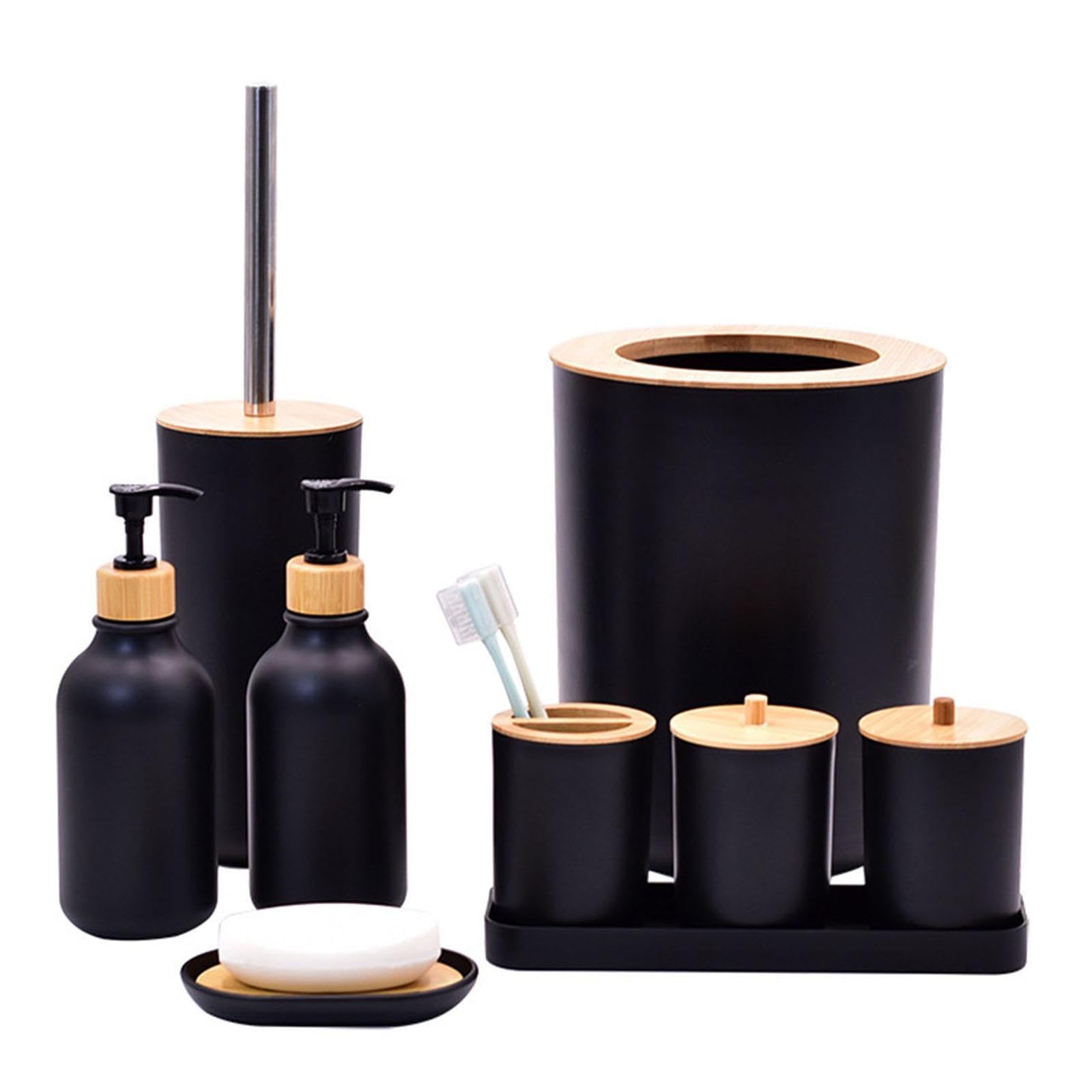 11 Piezas Dispensador de Jabón Set de Accesorios para Baño con Contenedor para Bastoncillos Jabonera Porta Cepillos de Dientes Y Cubeta Adecuado para, Negro, Individual