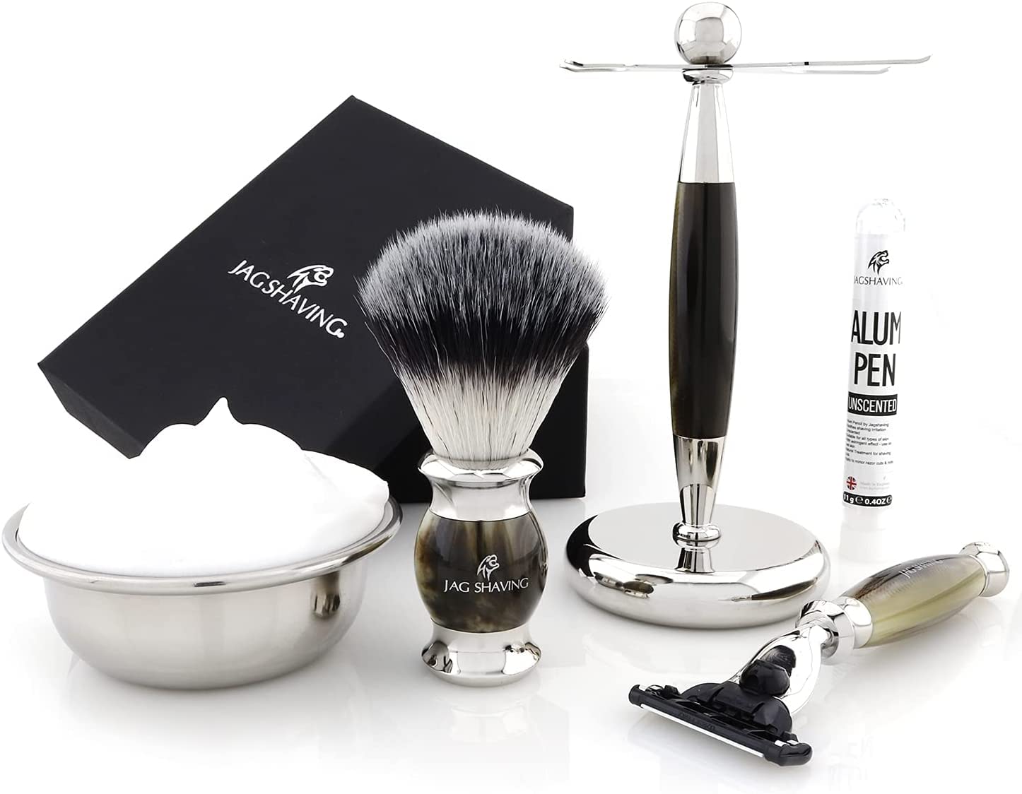Jag Shaving Jag's Lee Range zestaw do golenia – 3-częściowy zestaw do golenia – syntetyczny pędzel do golenia ze srebrnymi końcówkami – 3 bezpieczne golarki – stojak do golenia – imitacja zielonego