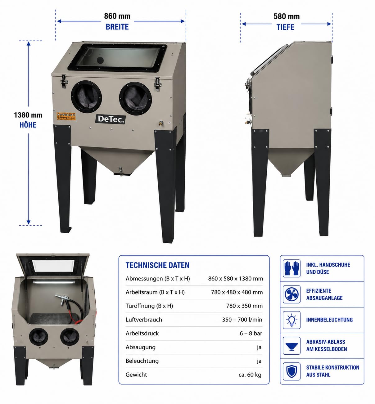 DeTec - Cabina de chorro de arena de 220 l para taller y garaje, 4-8 bar, 230 V, con iluminación, guantes y kit de boquillas, cabina de chorro