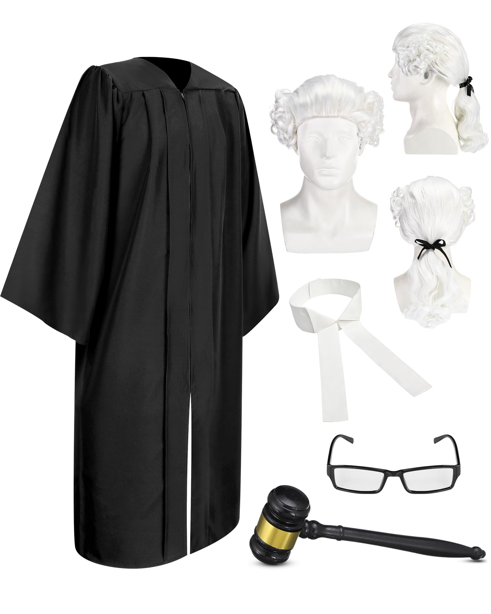Hillban 5 Pcs Halloween Judge Costume Accessory Judge Robe False Collar Wooden Gavel Wig and Glasses for Halloween Cosplay(Fabric Bow Tie,Adult) — image 1