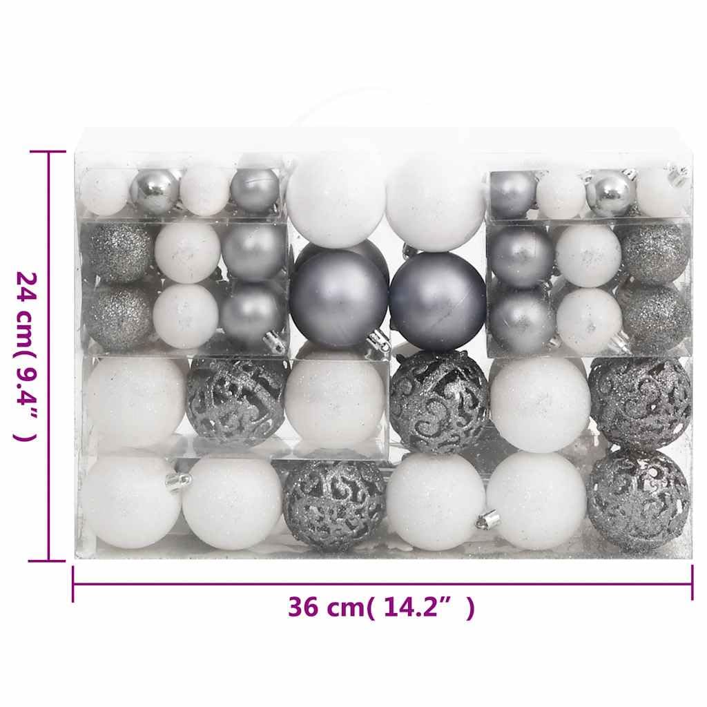 Lot de 111 boules de Noël blanches et grises en polystyrène incassable avec 3 tailles, étoiles, flocons de neige, pointe de sapin de Noël, ficelles pour décoration de sapin de Noël, guirlande