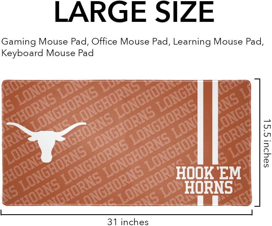 University of Texas Longhorns Hook 'em Horns Large Gaming Mouse Pad Desk Mat with Stitched Edges, Non-Slip Base for Gamer, Home and Office, 31.5 x 15.7