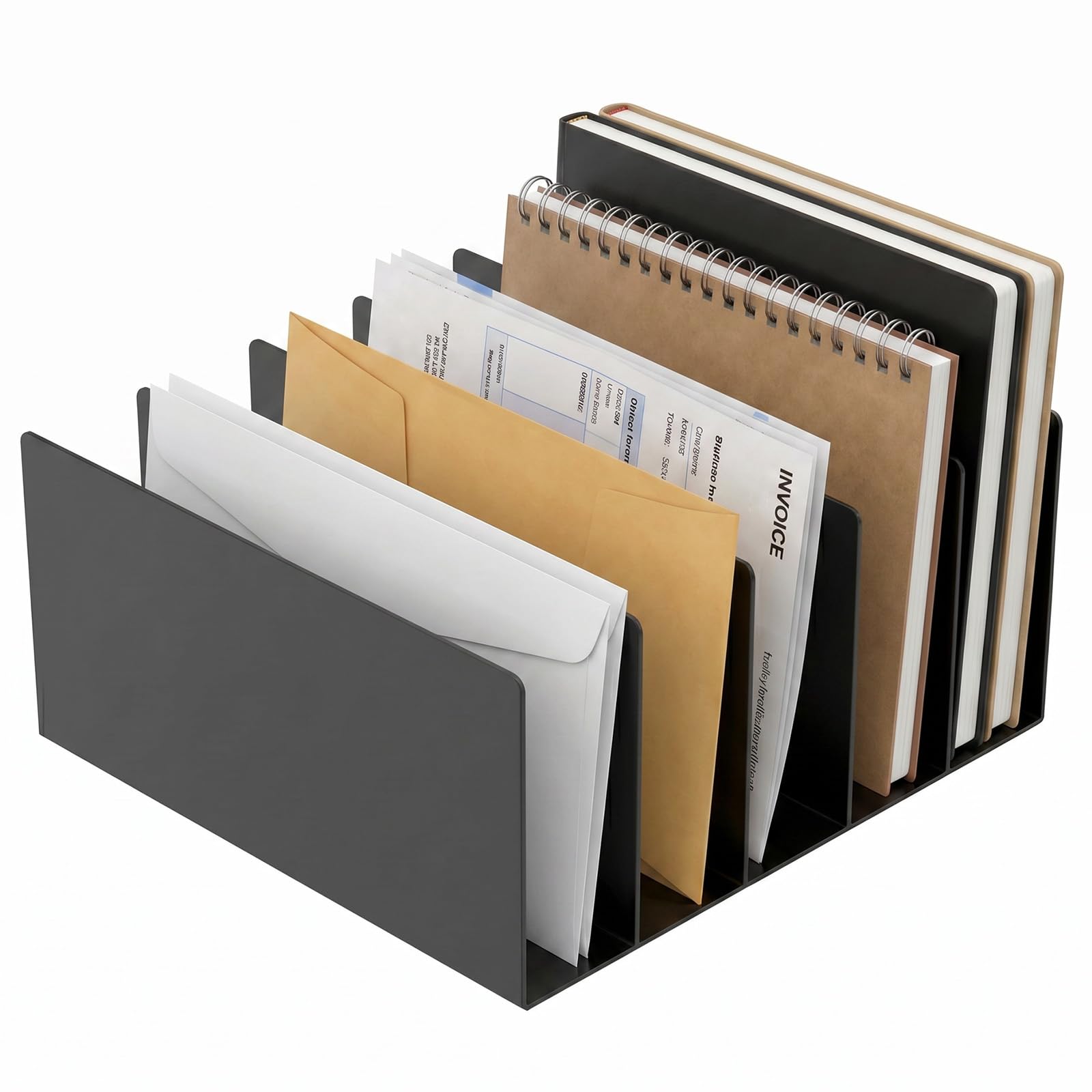 5 Compartments Iron Mail Sorter Holder Desk File Organiser Vertical Letter Sorter for Bills Document Notebook Magazine Envelope File Rack Multifunctional Office Countertop Storage Stand(Black)