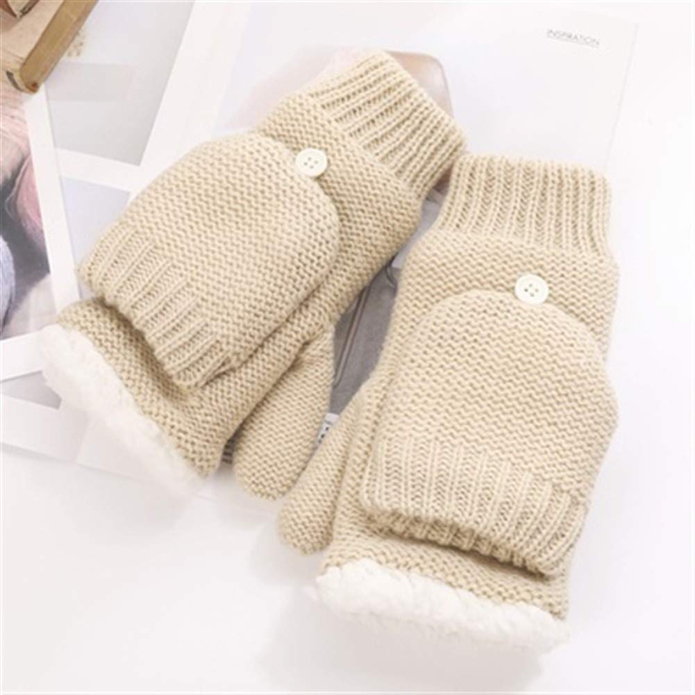 Guantes Caliente del Invierno de Lana de Punto Guantes sin Dedos de tirón (Color : Khaki, Size : One Size)