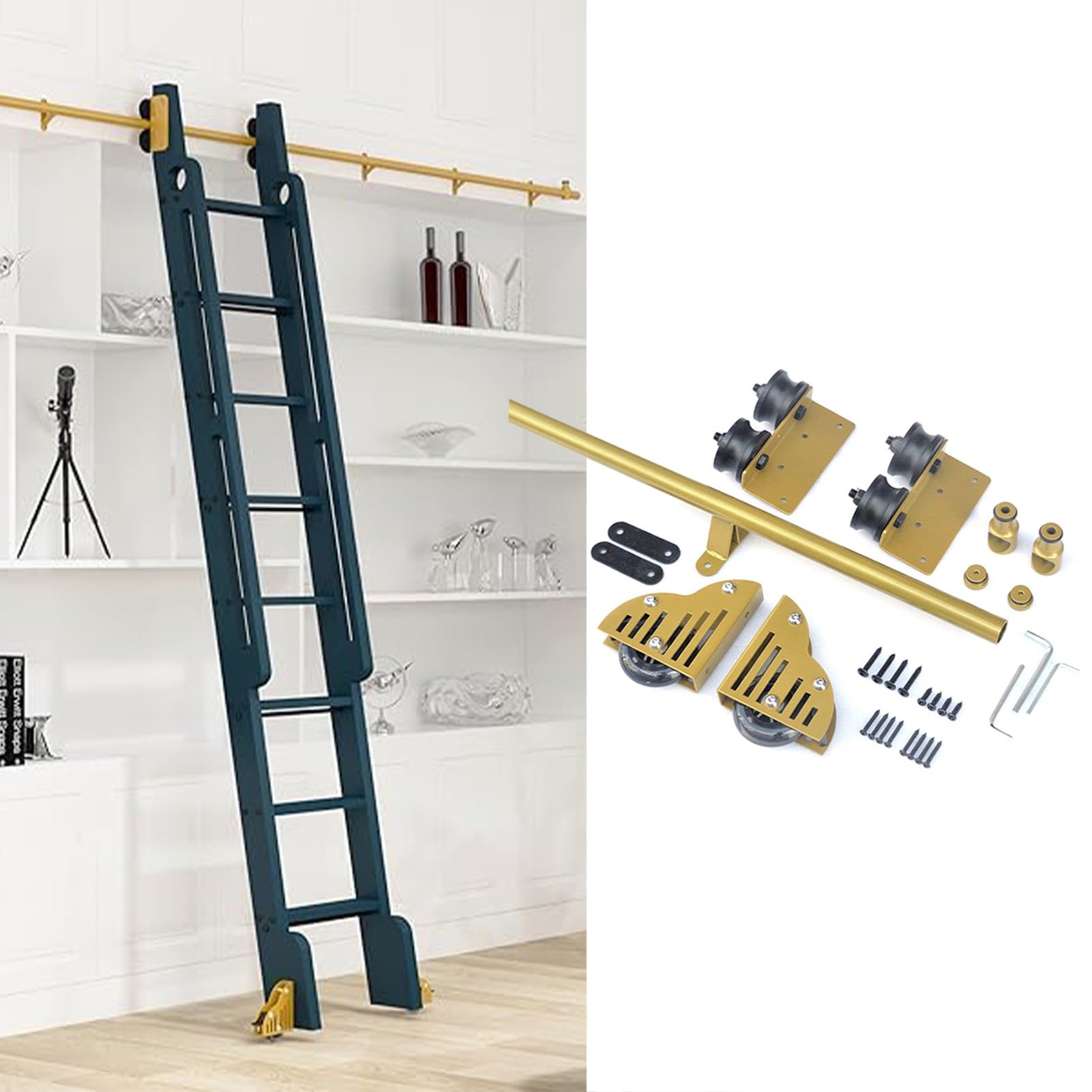 DONGGANSHI Library Rolling Ladder Hardware Kit,Gold Steel Sliding Track Rail,Heavy Duty Track Roller Set for Bookshelves & Kitchen Cabinets,330lbs Capacity(24ft/732cm Track kit)