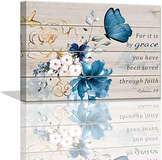 Butterfly Bathroom Decor Bible Verse Inspirational Wall Art Canvas Christian Home Decorations Blue Flower Prints Wall Pictures Artwork for Home Walls Grace Canvas Art Room Decor Framed 12x16inch