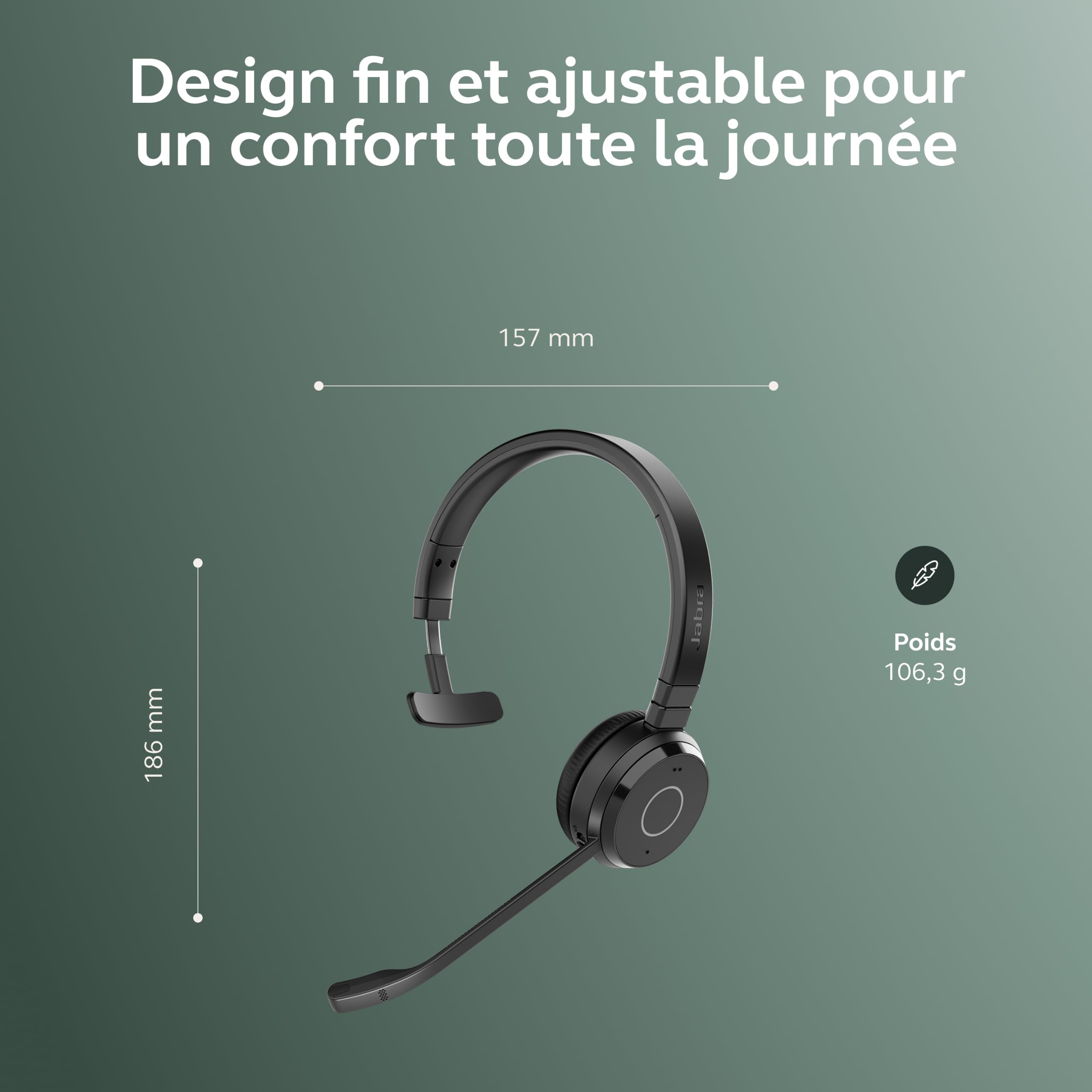 Jabra Evolve 65 Te (3e édition 2025) Micro-Casque Mono Bluetooth sans Fil, se connecte à 2 appareils, 16 h d’autonomie, Micro antibruit, Adaptateur USB-A, Fonctionne avec Les applis de réunion, Noir