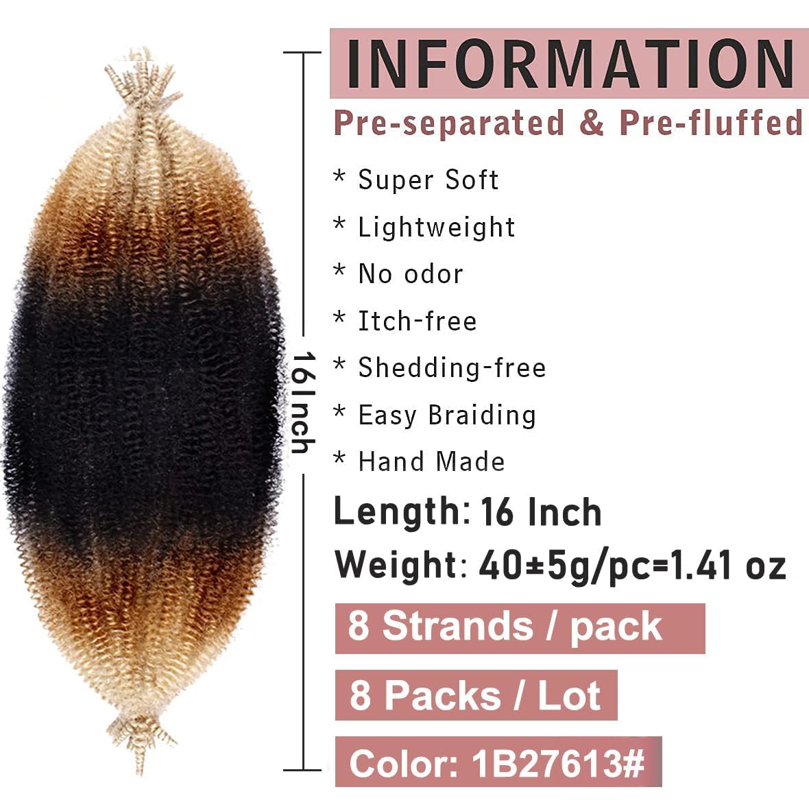 Xtrend 8 Packs Pre Separated Springy Afro Twist Hair 16 Inch Pre Fluffed Marley Twist Crochet Braiding Hair Synthetic Extensions (8 Strands/Pack,1B27613#) - Image 2