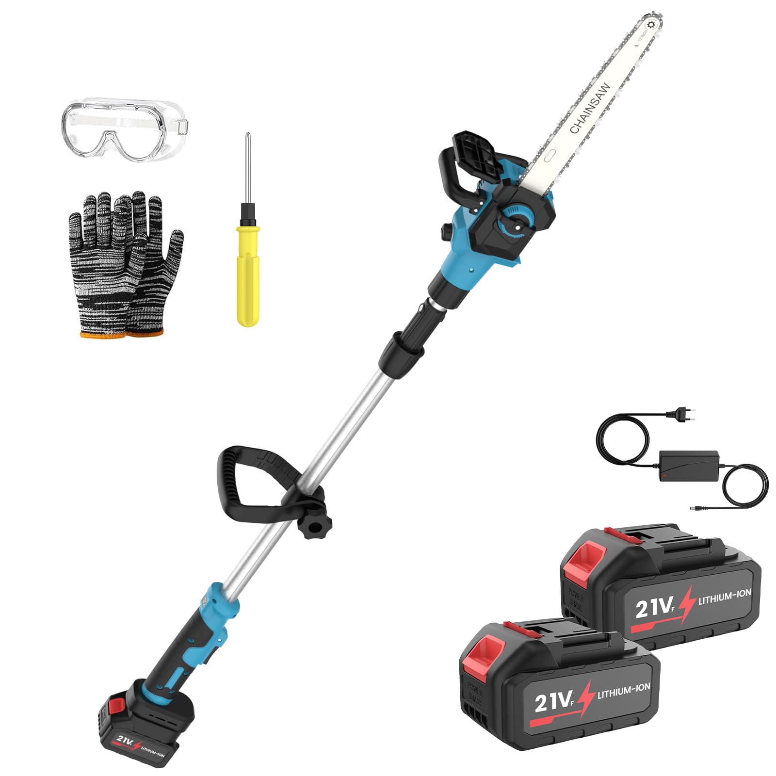 Podadora telescópica a batería 21 V. Motosierra a batería con 2 baterías 3000 mAh, extensión hasta 2,5 m, longitud de la barra 30 cm, autolubricante, para la poda de ramas altas