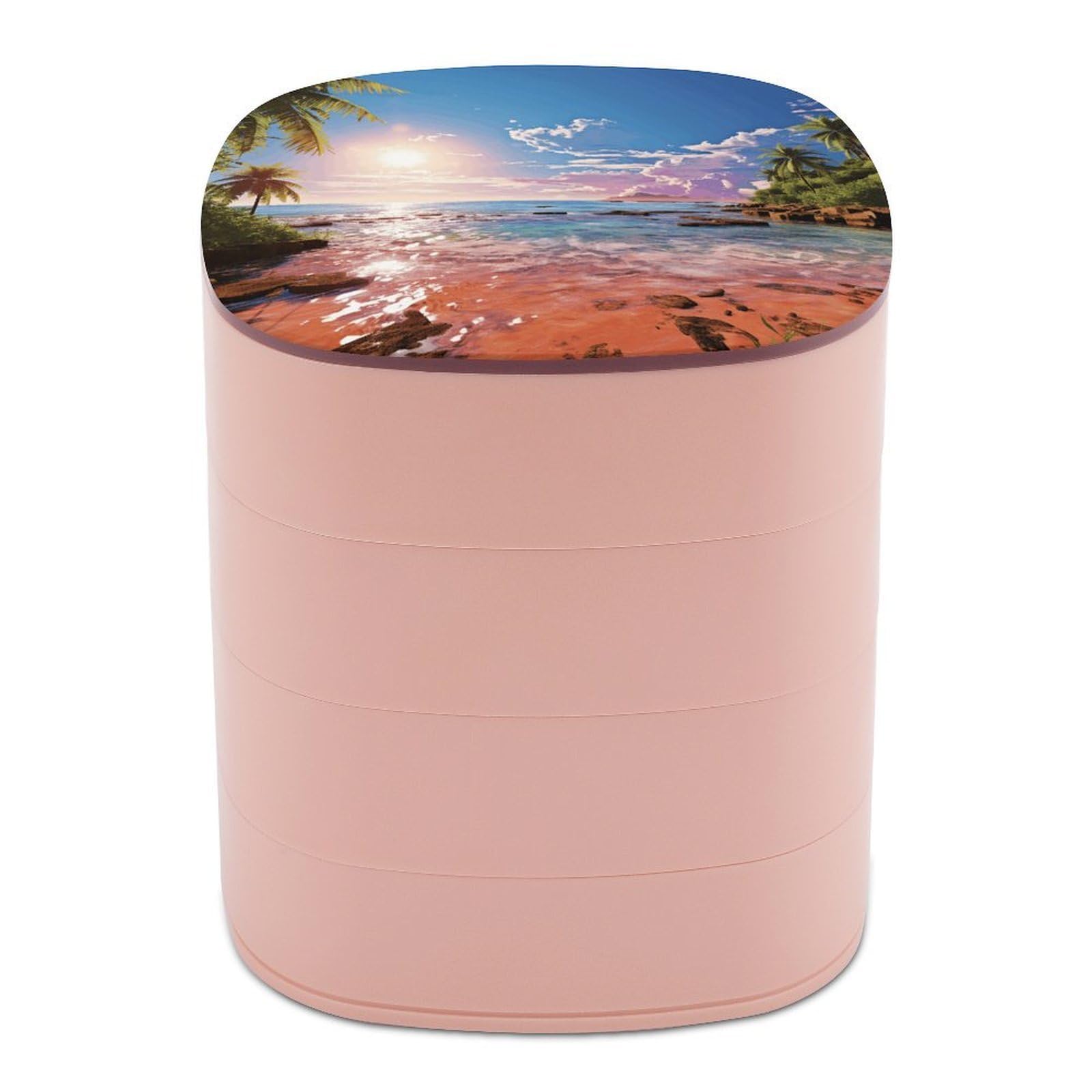 VstaDank Summer Beach with Palm Trees Jewelry Box with Mirror Travel Small Jewelry Case for Women 4-Layer Rotatable Jewelry Organizer Storage Box Portable Jewelry Storage Case for Rings Earrings
