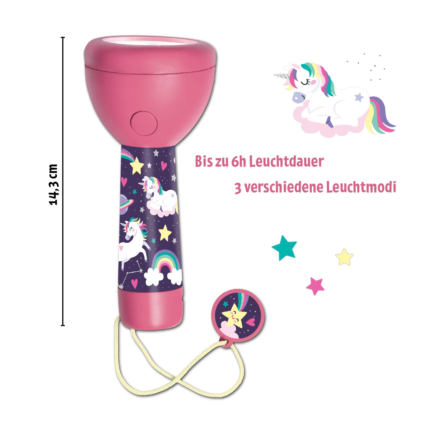moses. Einhorn Taschenlampe, kompakte und robuste Kindertaschenlampe mit 4 LEDs, wiederaufladbare Akku Taschenlampe mit Deko-Anhänger, Geschenk für Kinder ab 4 Jahren, Pink