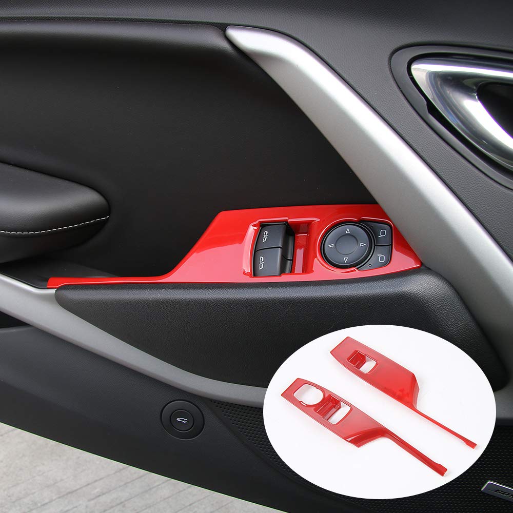 JeCar for Camaro Interior Accessories Window Lift Button Panel Trim Cover ABS Stickers for Chevrolet Camaro 2017-2020, Red, 2Pcs