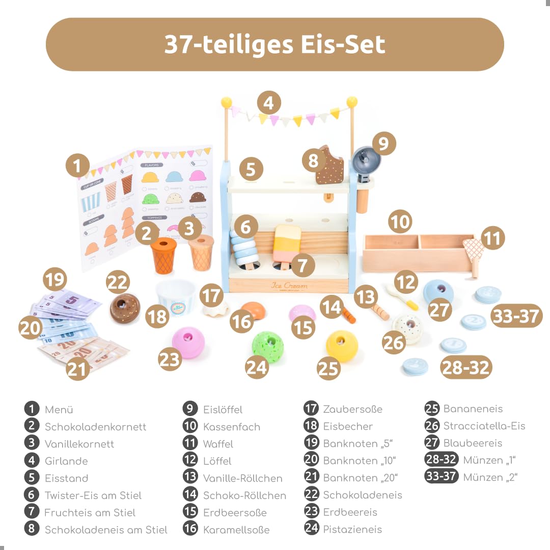 UMU® Kinder Eisdiele aus Holz - Eisladen inkl. Küchenzubehör, Spielgeld, Menükarte usw., Kinderküche Kaufläden & Zubehör zum Rollenspiel, 37-TLG. Holzspielzeug für Kinder ab 3 4 5 6 Jahren