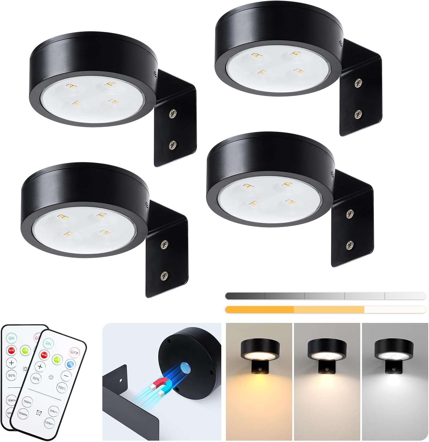 KELUOLY 4-Pack Picture Light Battery Operated with Remote, Led Lights Dimmable and Timer Painting Light, Art Display Light for Picture Frame Artworking Portrait, Home Wall Decor Puck Lights, Black