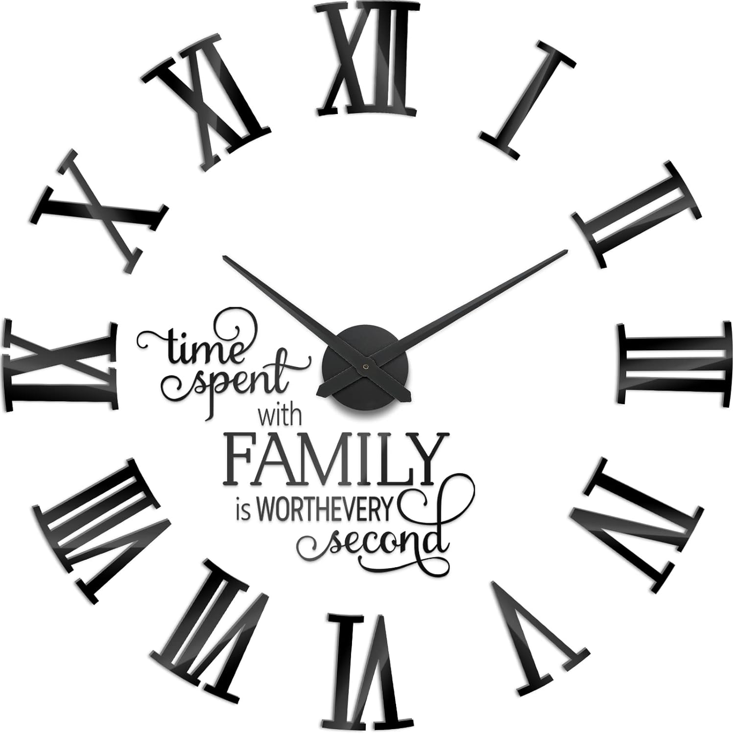 Junkin Frameless Large 3D DIY Wall Clock, Giant Roman Numerals Family Quote Wall Stickers Clock, 23.62-47.24 Inch Adjustable Size, Frameless Modern Decor for Home Living Room Bedroom Office, Black