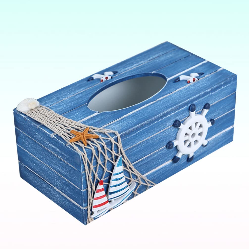 Scatola Fazzoletti in Legno Blu, Contenitore Decorativo Stile Costiero | Atmosfera Estiva, Organizza la Carta Finitura Resistente, per Tavolo Ristorante e Auto